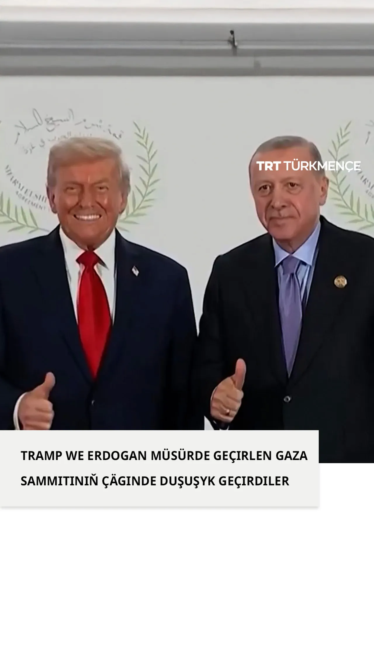 TRAMP WE ERDOGAN MÜSÜRDE GEÇIRLEN GAZA SAMMITINIŇ ÇÄGINDE DUŞUŞYK GEÇIRDILER