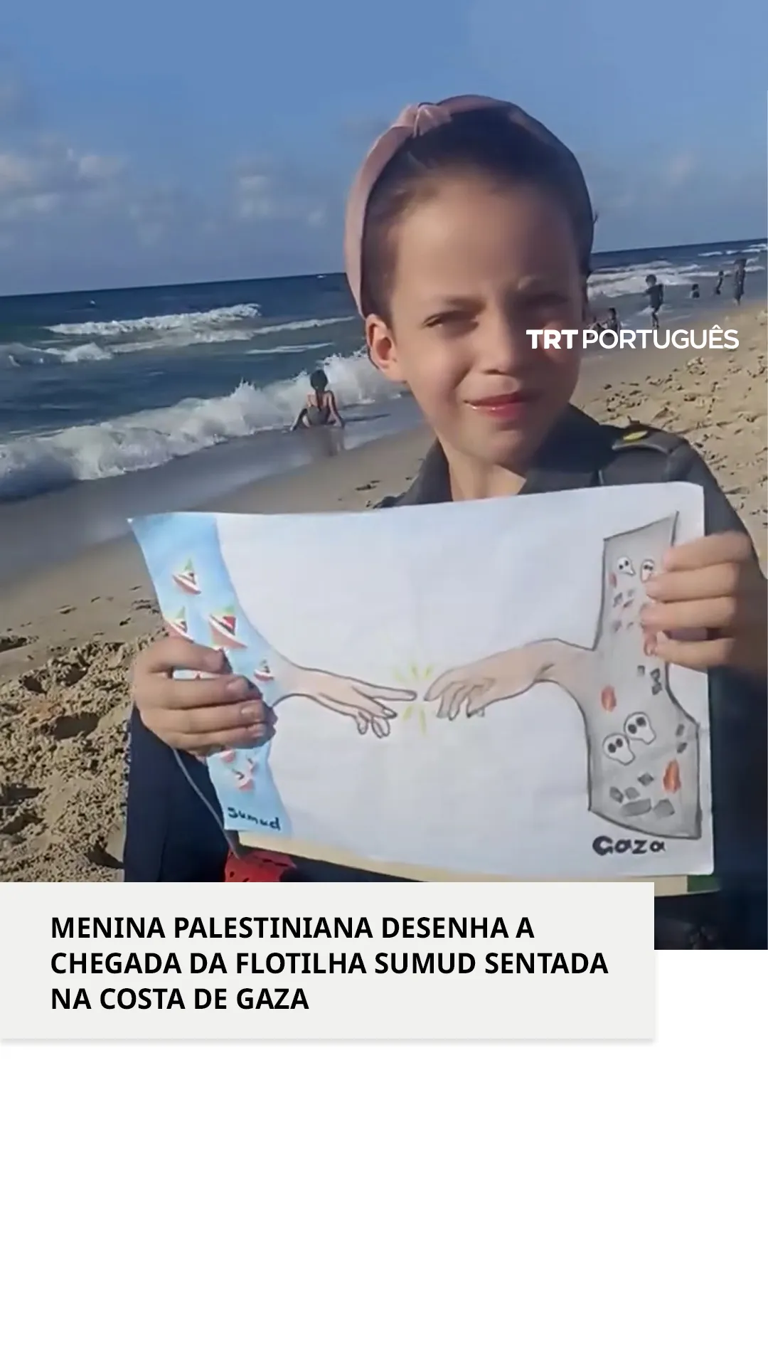 Menina palestiniana inspira-se na viagem da Flotilha Global Sumud enquanto desenha em Gaza