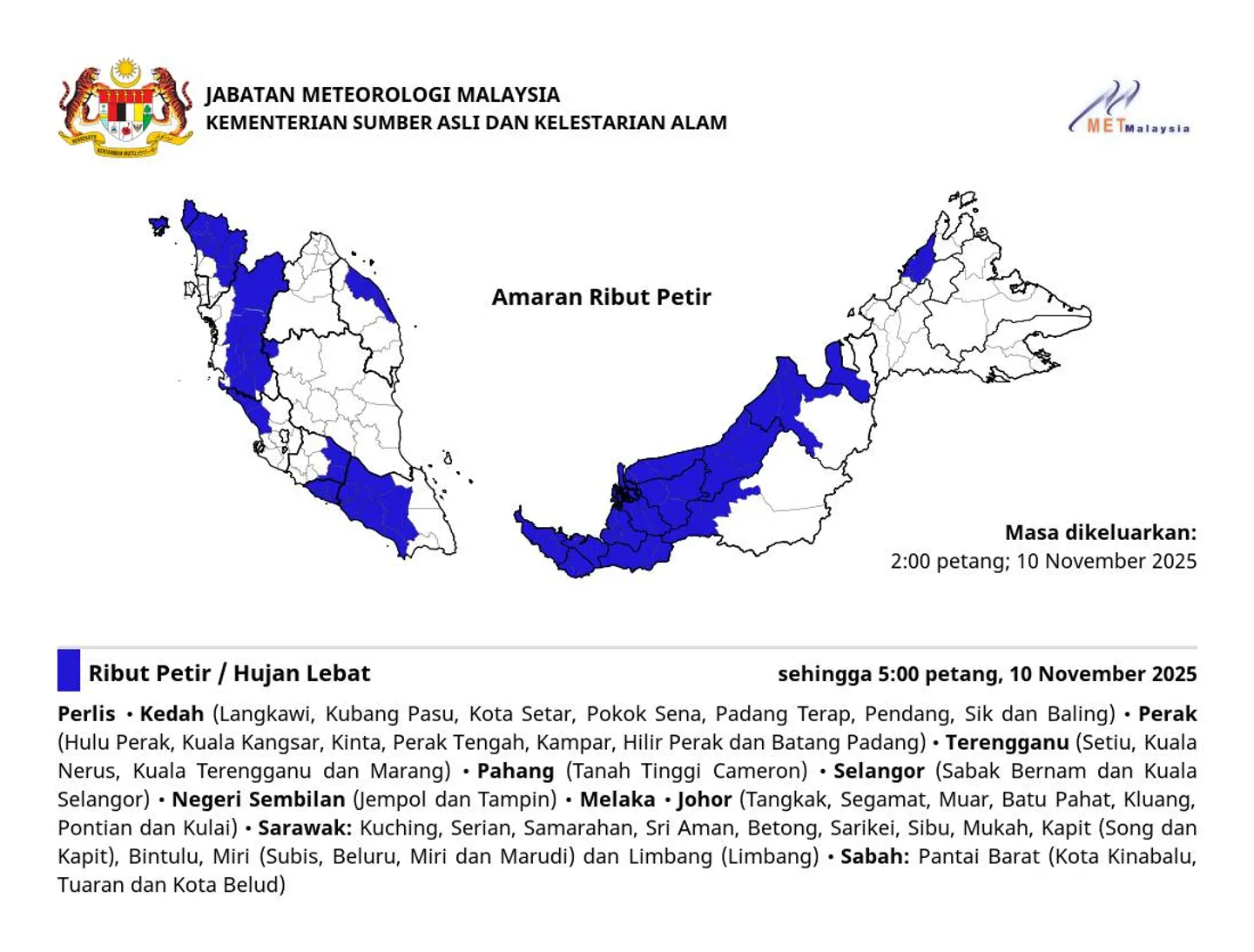 MetMalaysia keluarkan amaran taufan Fung-Wong, ribut petir di beberapa negeri
