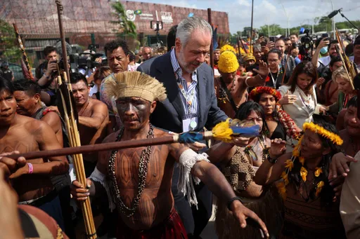 Indigenous people stage protest at COP30 entrance in Brazil