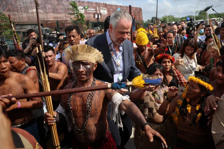 Indigenous people stage protest at COP30 entrance in Brazil