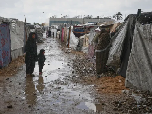 Chuvas intensas inundam tendas de famílias deslocadas em Khan Younis, Gaza