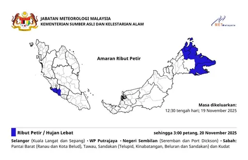 Ribut petir, hujan lebat dijangka landa beberapa kawasan hingga 3 ptg 20 Nov