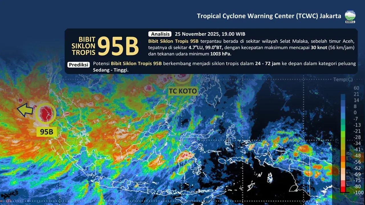 BMKG: Bibit Siklon Tropis 95B menguat, potensi cuaca ekstrem di 4 provinsi di Sumatra