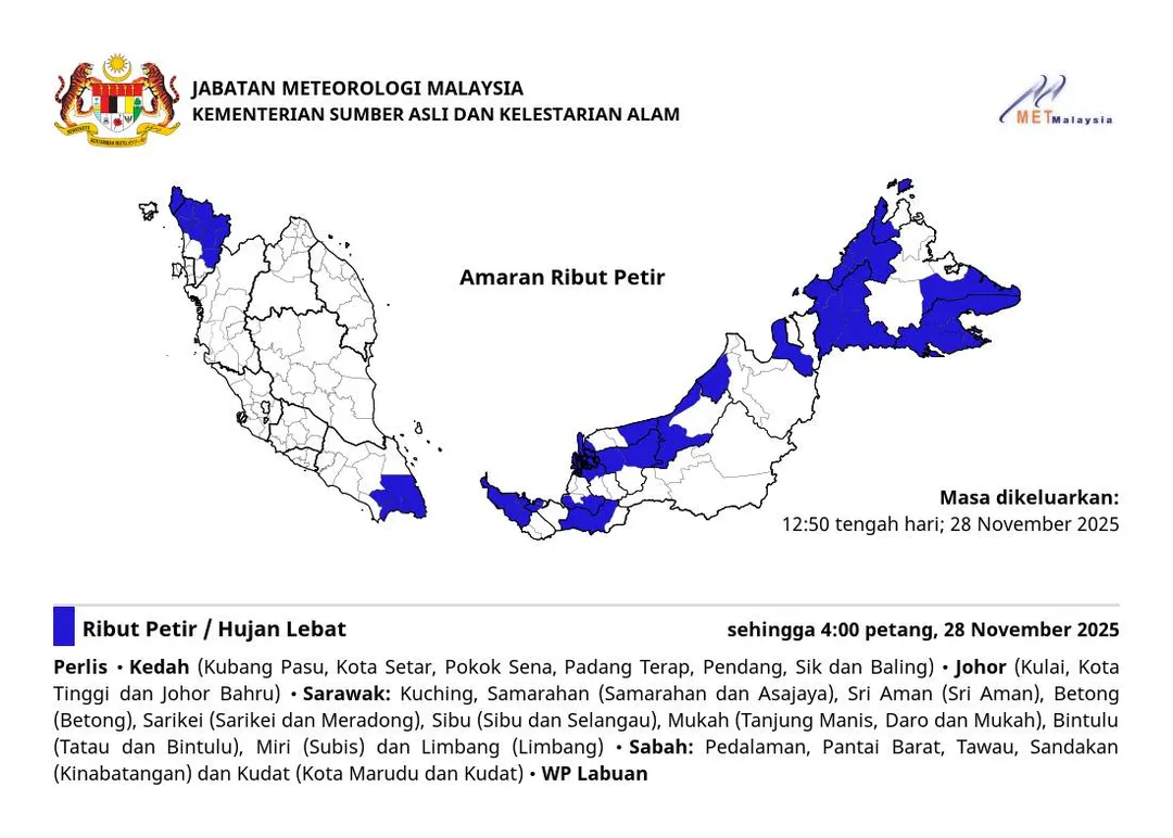 MetMalaysia: Ribut Tropika Senyar lemah namun risiko hujan lebat dan banjir kekal tinggi