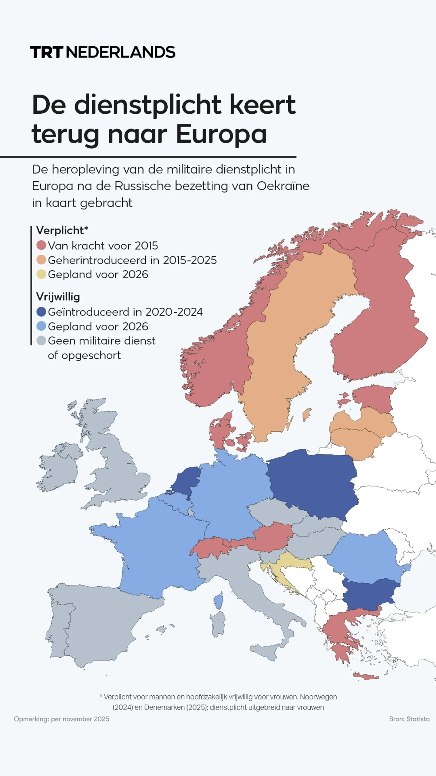 Heropleving van de militaire dienstplicht in Europa na de Russische bezetting van Oekraïne in kaart