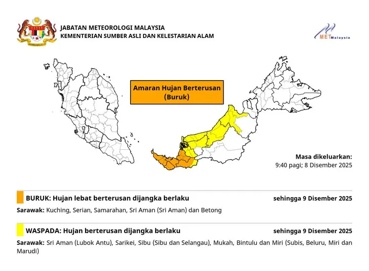 MetMalaysia keluarkan amaran hujan tahap buruk di beberapa kawasan Sarawak