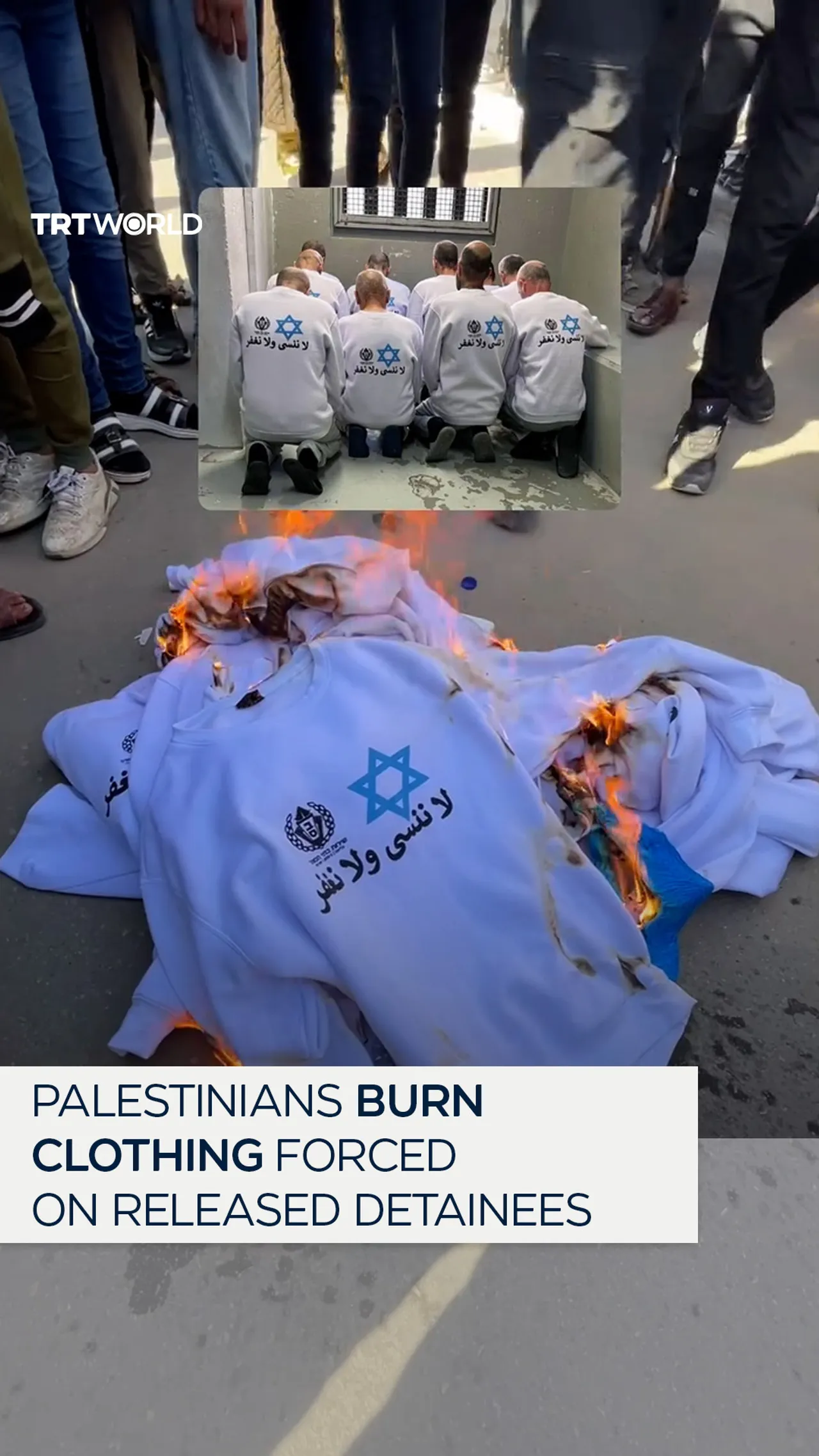 Palestinians burn clothing forced on detainees at release