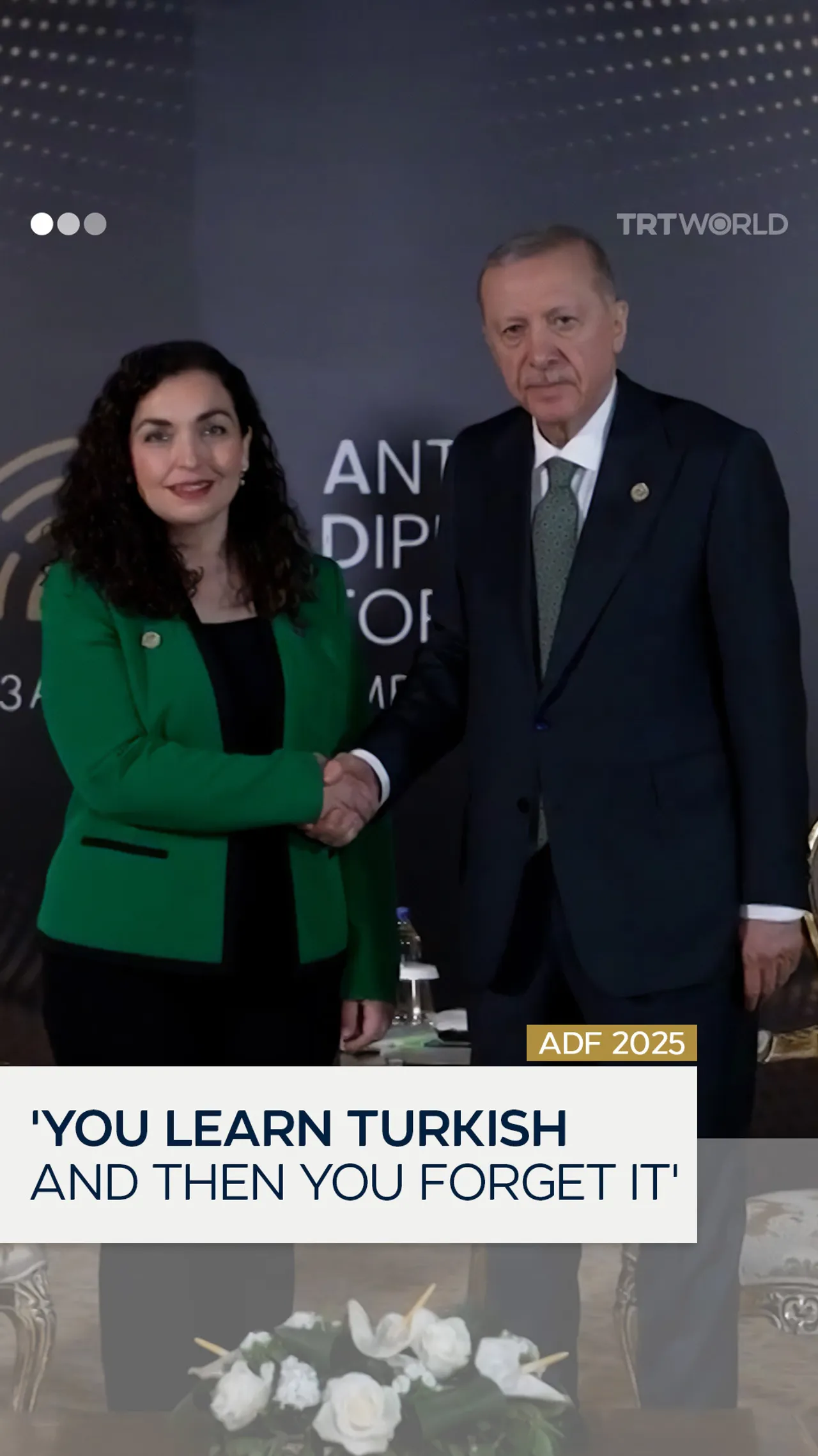 Türkiye's President Erdogan playfully jokes in Turkish with Kosovan counterpart