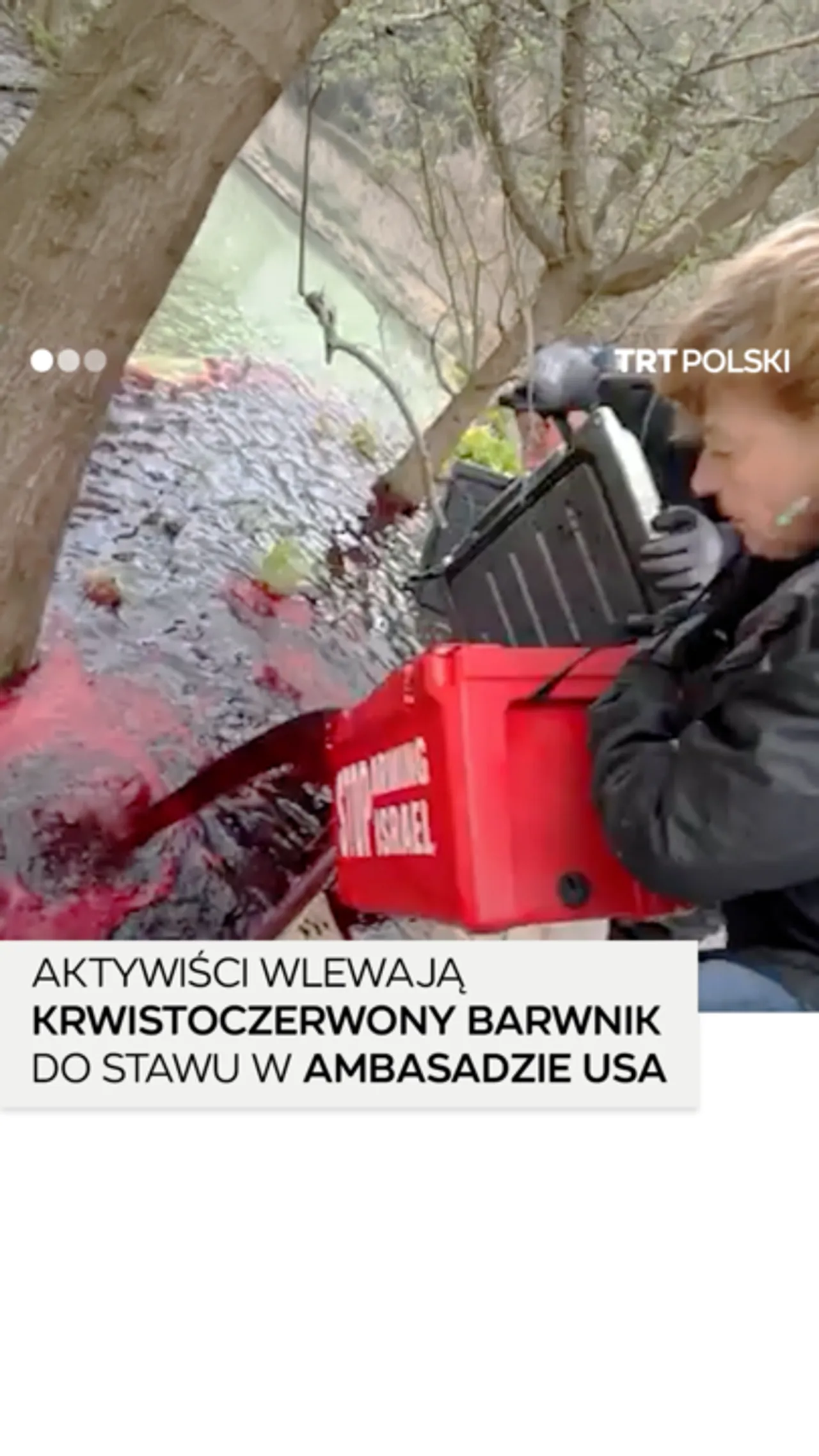 Aktywiści Greenpeace zabarwili staw ambasady USA na czerwono w związku ze sprzedażą broni do Izraela