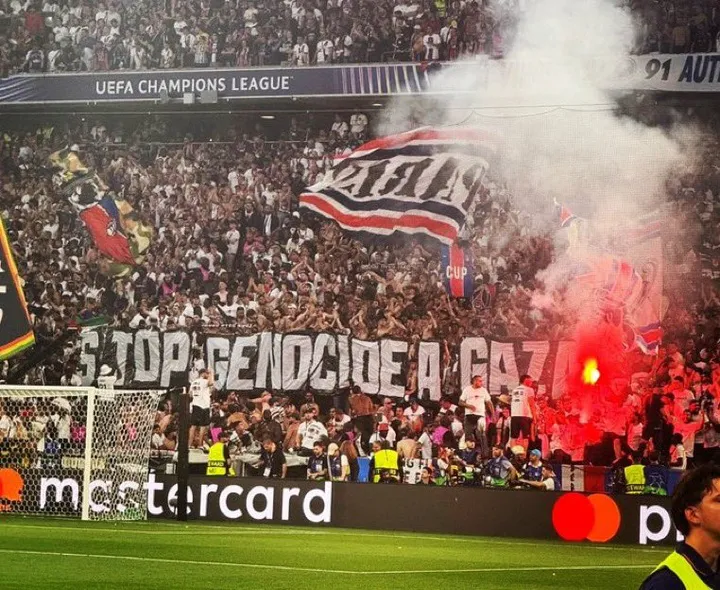 PSG fans display banner calling for end to Gaza genocide during UEFA Champions League final