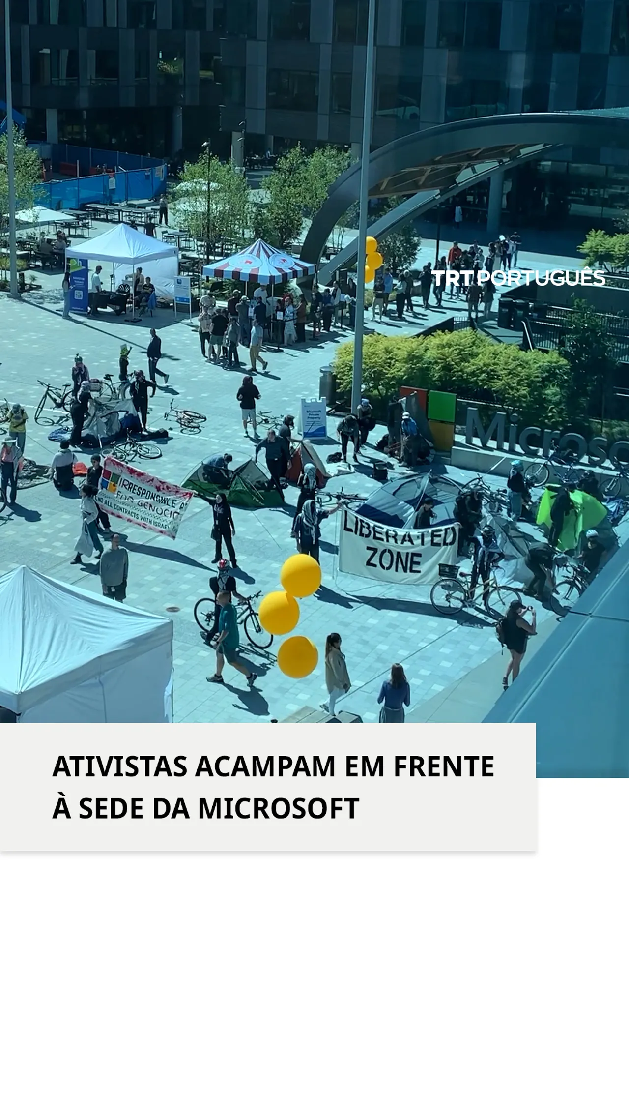 Ativistas pró-Palestina acampam em frente à sede da Microsoft