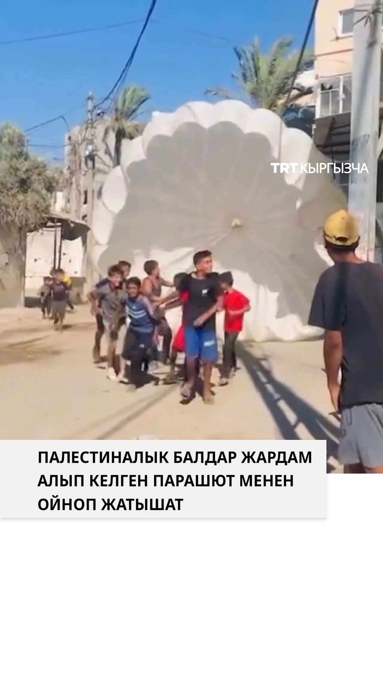 Палестиналык балдар жардам алып келген парашют менен ойноп күн өткөрүүдө