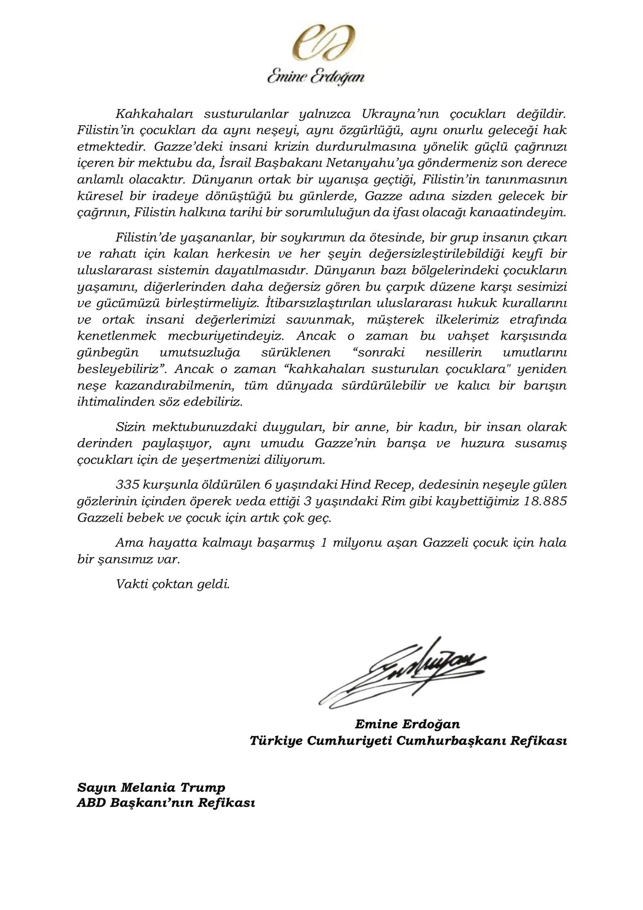 土耳其第一夫人致梅拉尼娅·特朗普的信件引全球媒体关注