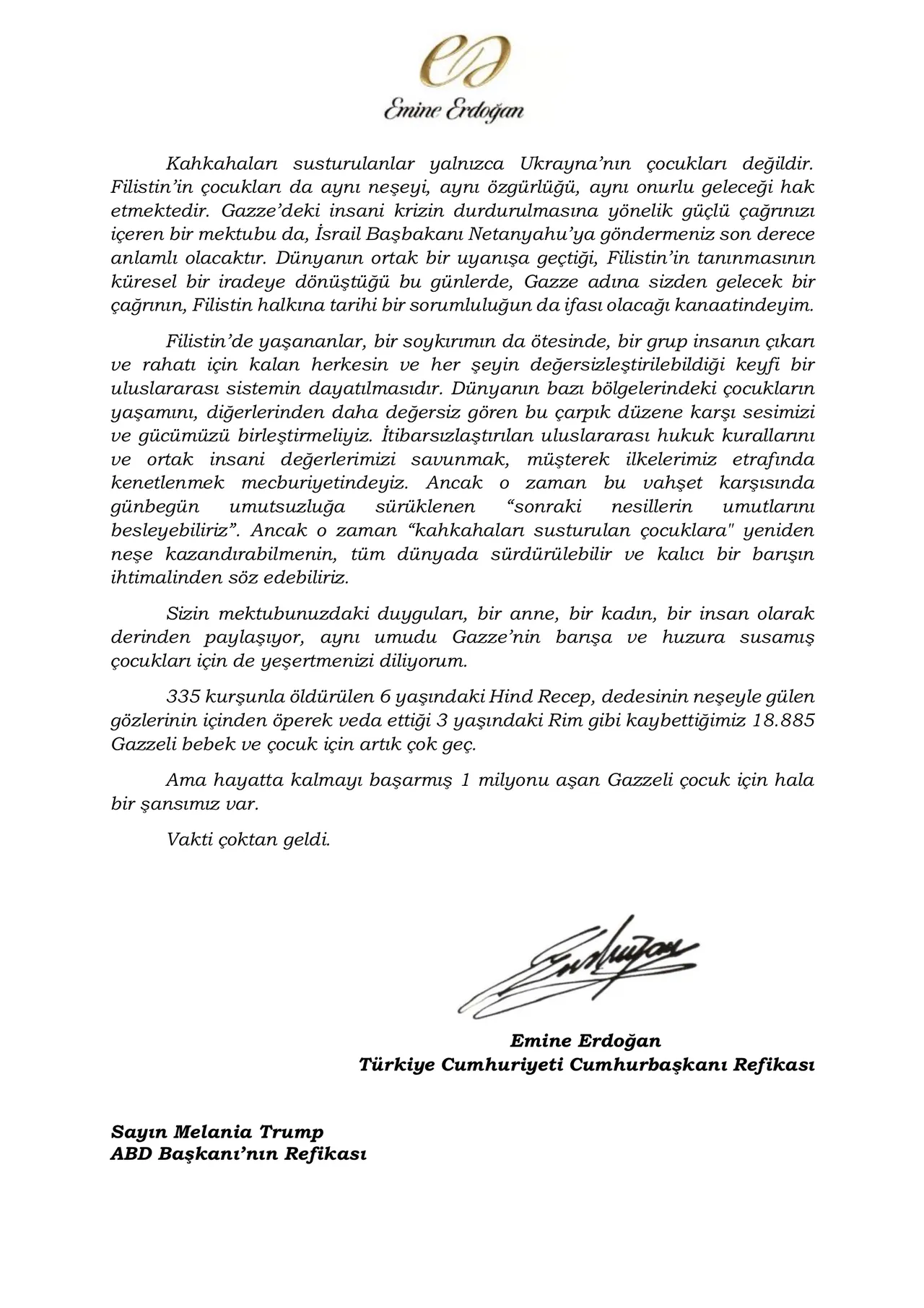 La carta de Emine Erdogan a Melania Trump sobre Gaza genera una repercusión global