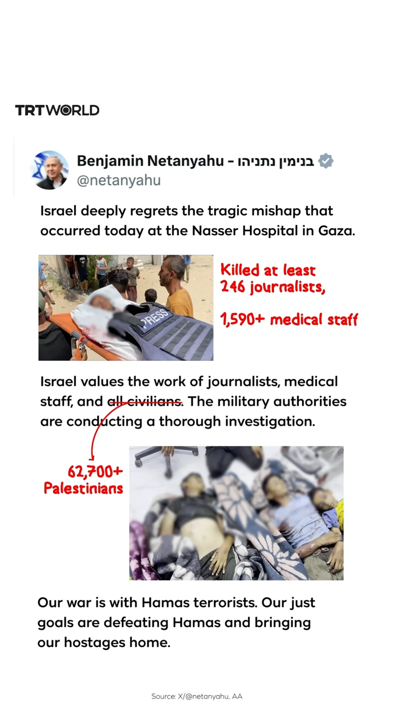 Netanyahu says Israel “values” journalists, medical staff and all civilians in Gaza