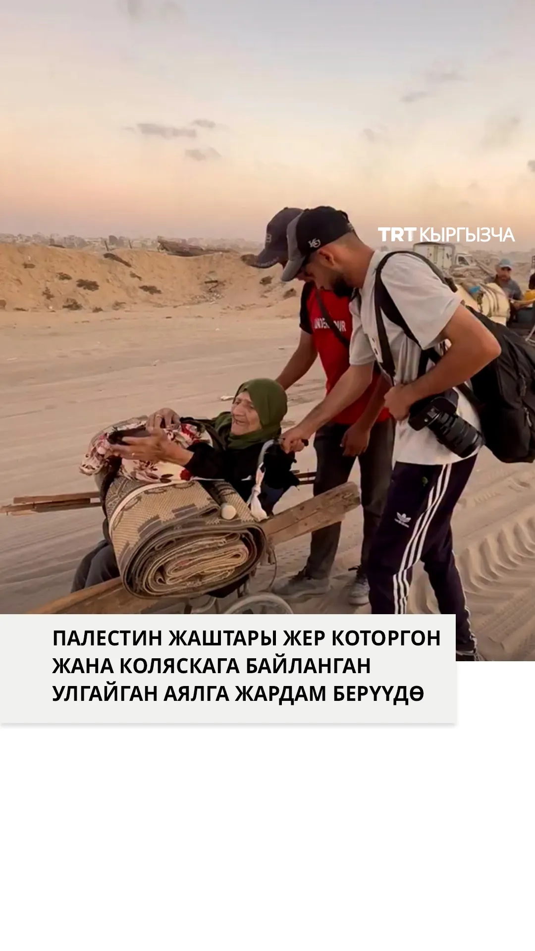 Палестин жаштары жер которгон жана коляскага байланган улгайган аялга жардам берүүдө