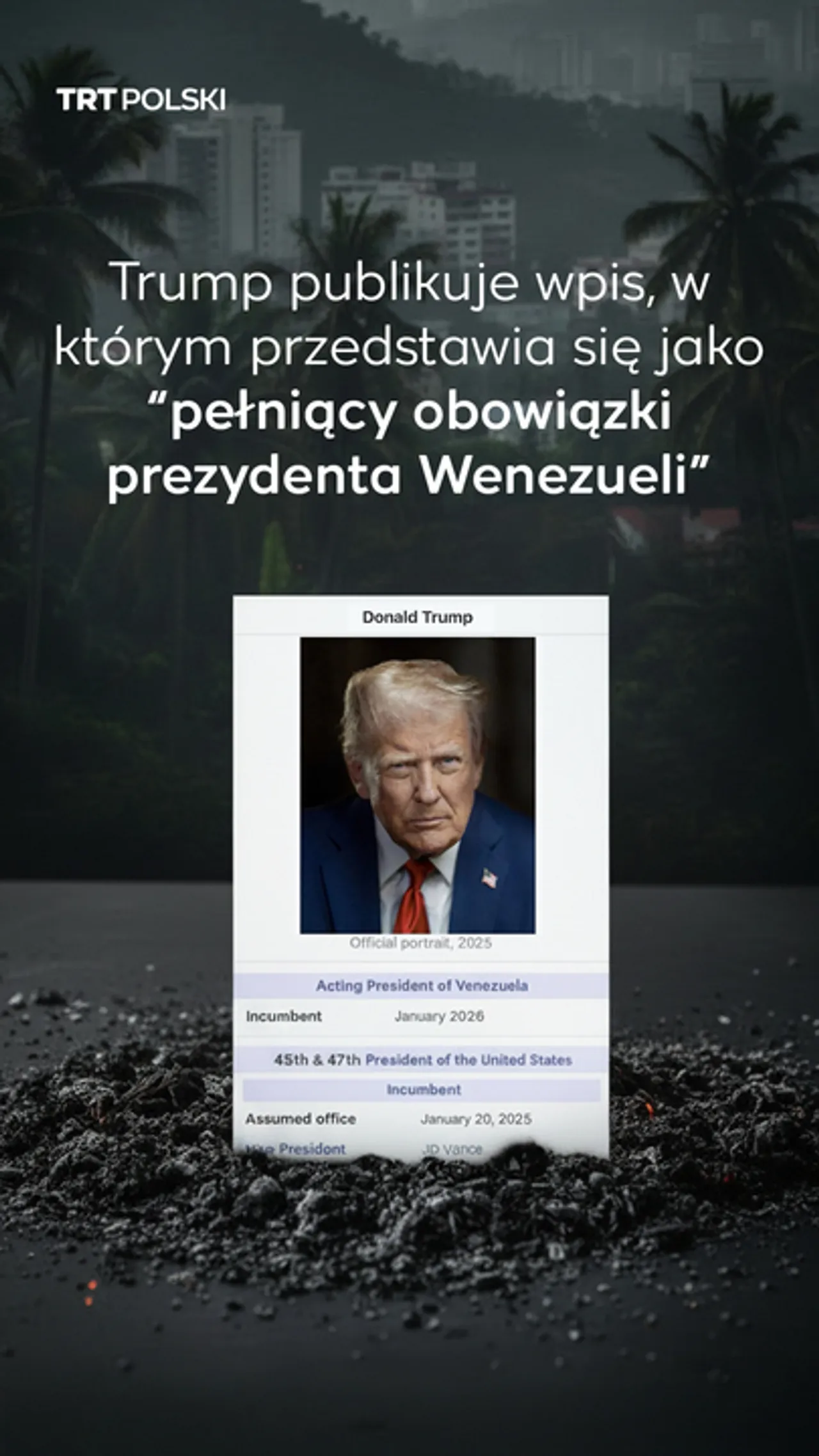 Trump publikuje wpis, w którym przedstawia się jako “pełniący obowiązki prezydenta Wenezueli”