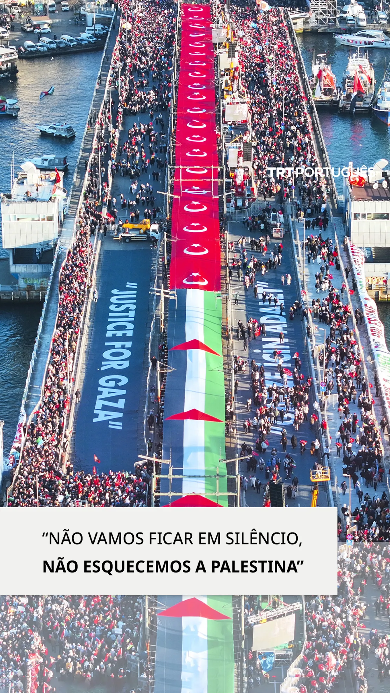 Manifestação massiva pela Palestina na Ponte Galata em Istambul
