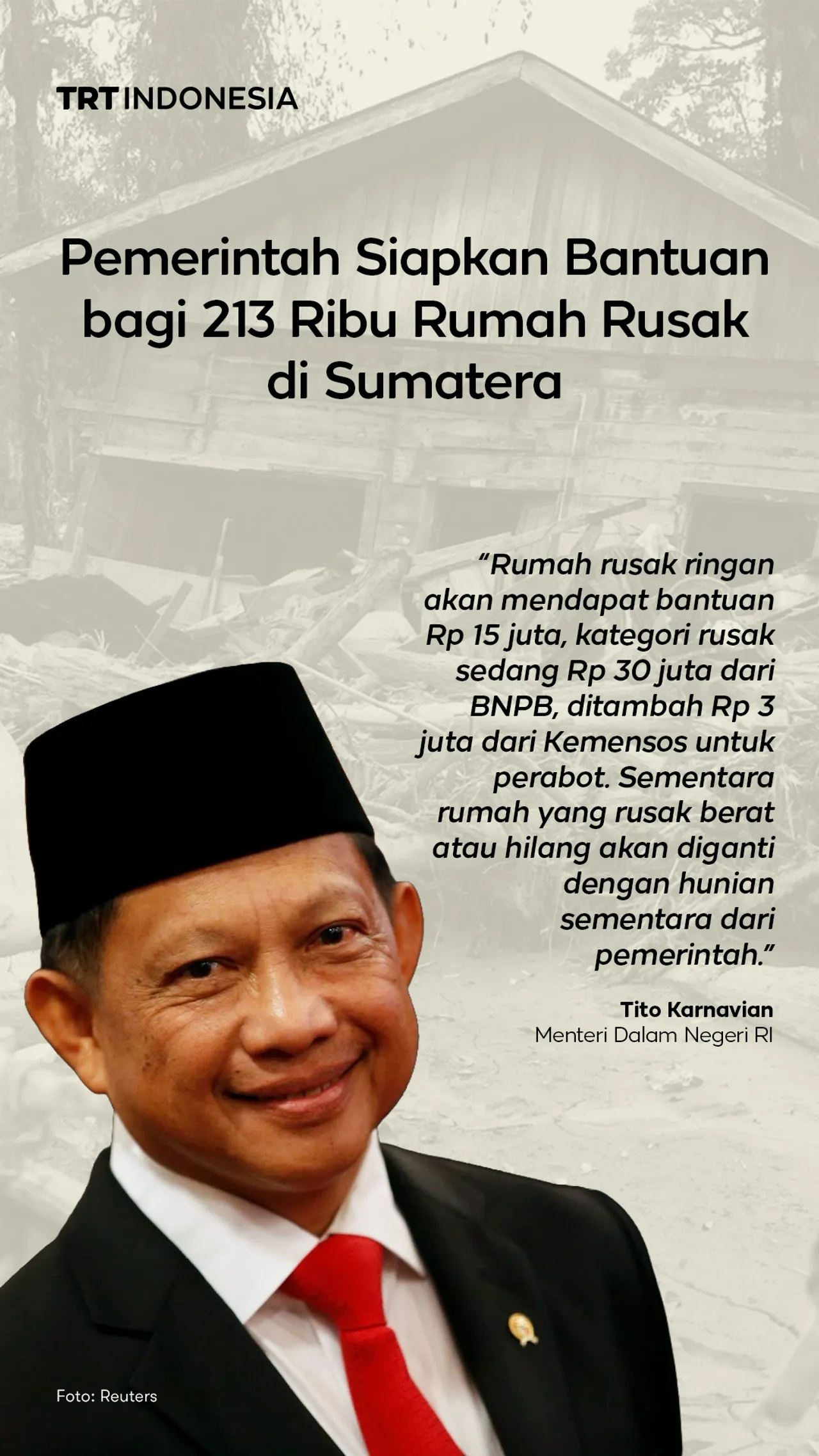 Pemerintah siapkan bantuan bagi 213 ribu rumah rusak 
di Sumatera