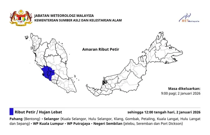 Ribut petir, hujan lebat dijangka di tiga negeri, Kuala Lumpur dan Putrajaya