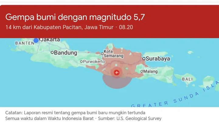 Gempa magnitudo 5,7 guncang Pacitan, terasa hingga Bali