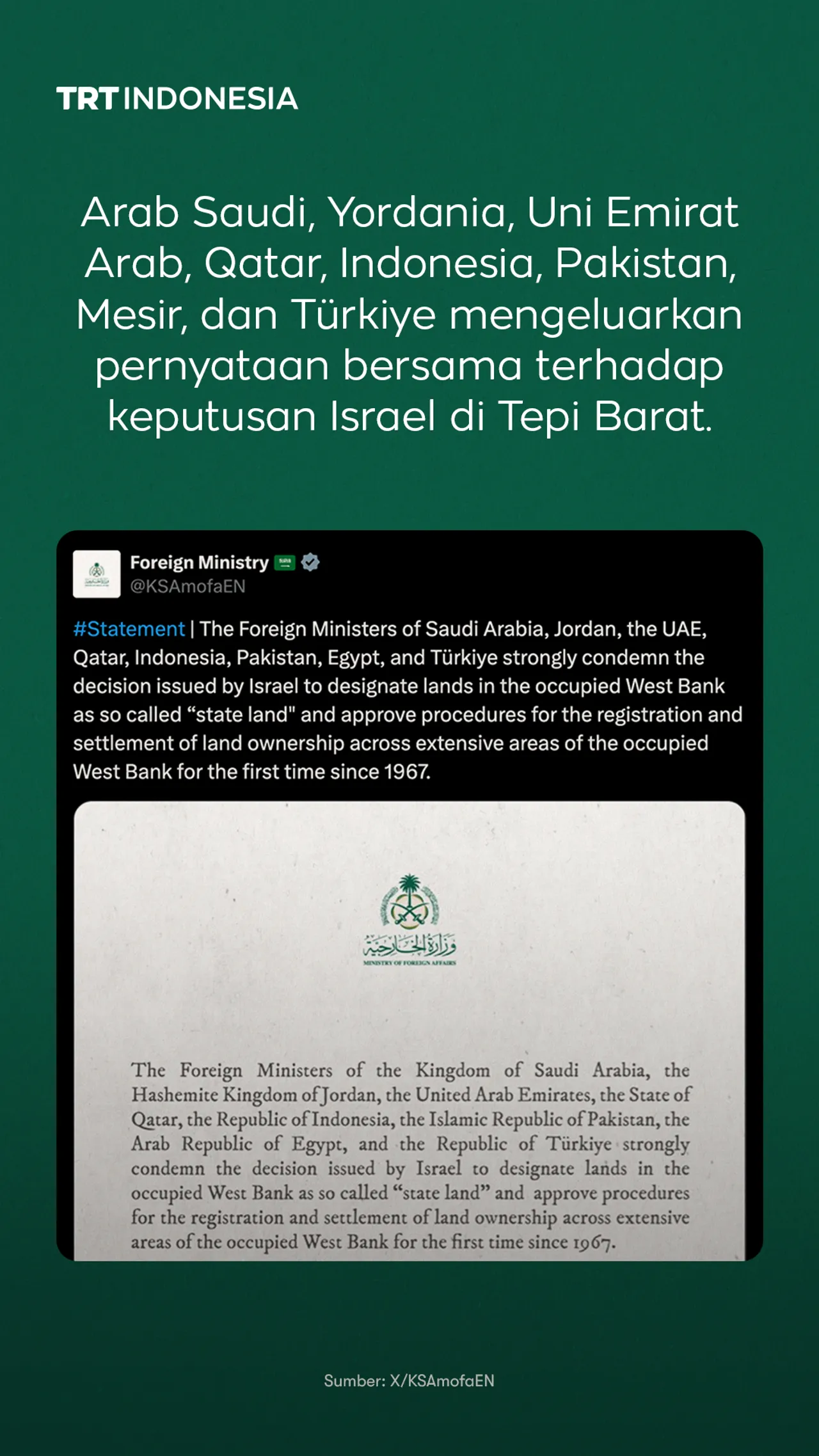 Indonesia, negara-negara Muslim kecam keputusan Israel menyita tanah di Tepi Barat yang diduduki