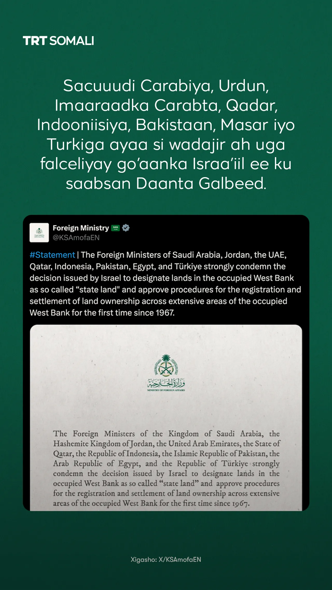 Turkiga & dalalka Islaamka oo cambaareeyay sheegahada Israa’iil ee dhulka Daanta Galbeed
