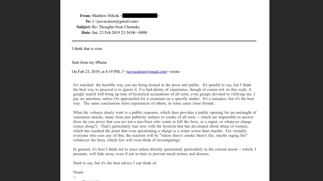 Noam Chomsky sympathised with Epstein over press treatment, urging him to avoid media 'vultures'