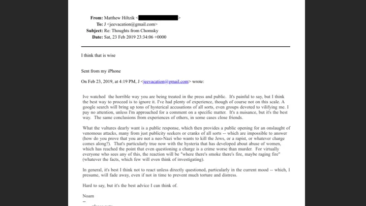 Noam Chomsky sympathised with Epstein over press treatment, urging him to avoid media 'vultures'