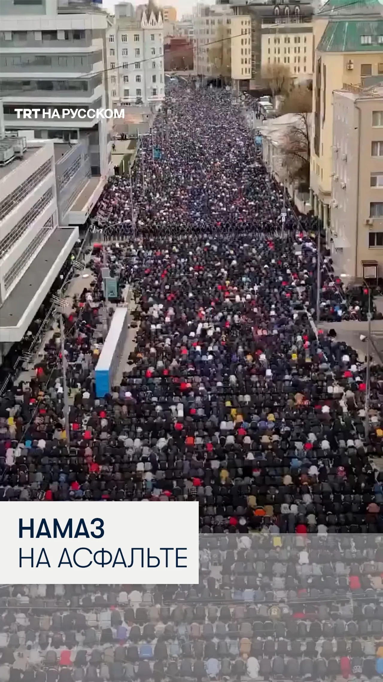 Момент, как десятки тысяч верующих совершают праздничный намаз в Москве