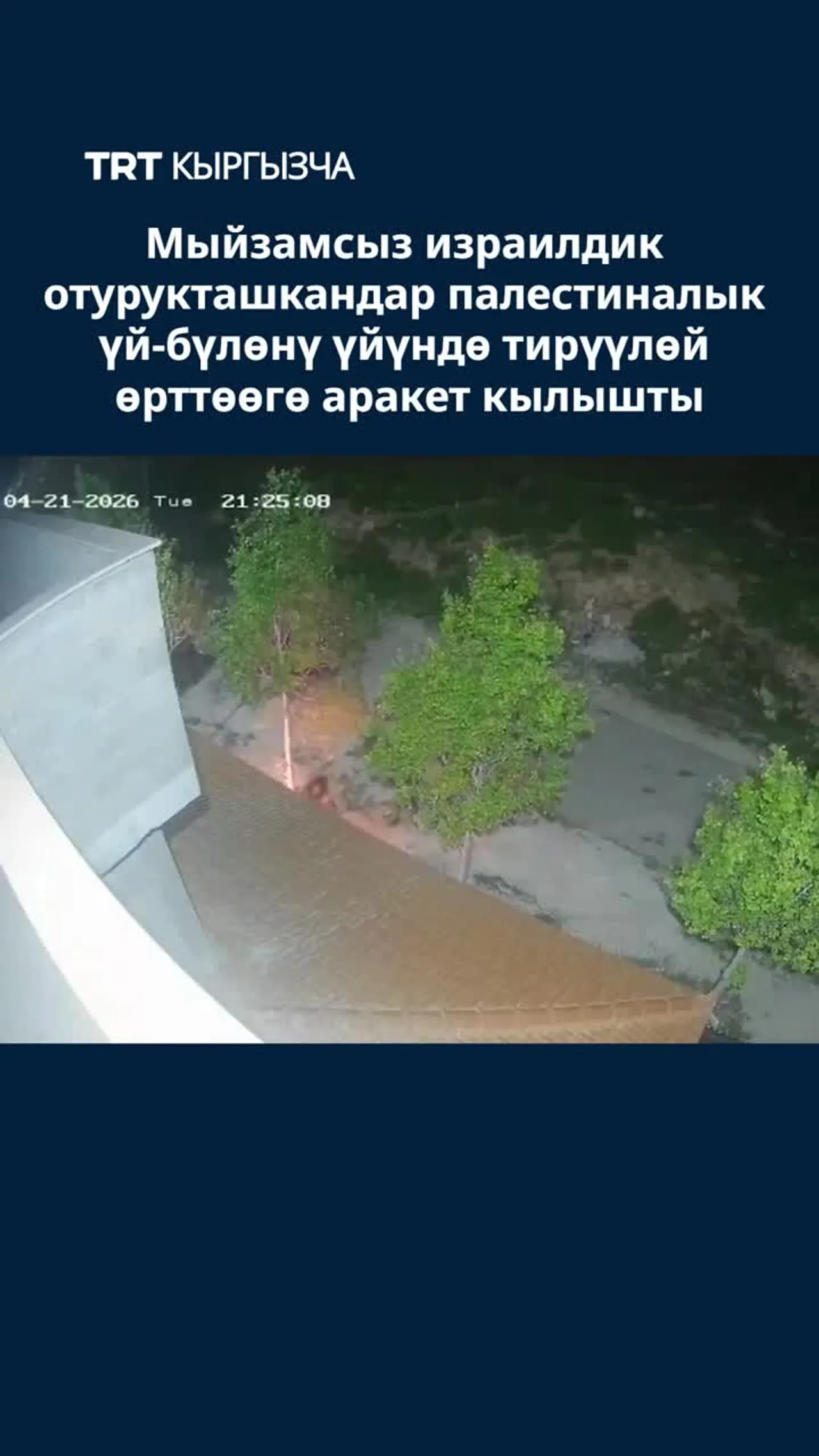 МЫЙЗАМСЫЗ ИЗРАИЛДИК ОТУРУКТАШКАНДАР ПАЛЕСТИНАЛЫК ҮЙ-БҮЛӨНҮ ҮЙҮНДӨ ТИРҮҮЛӨЙ ӨРТТӨӨГӨ АРАКЕТ КЫЛЫШТЫ