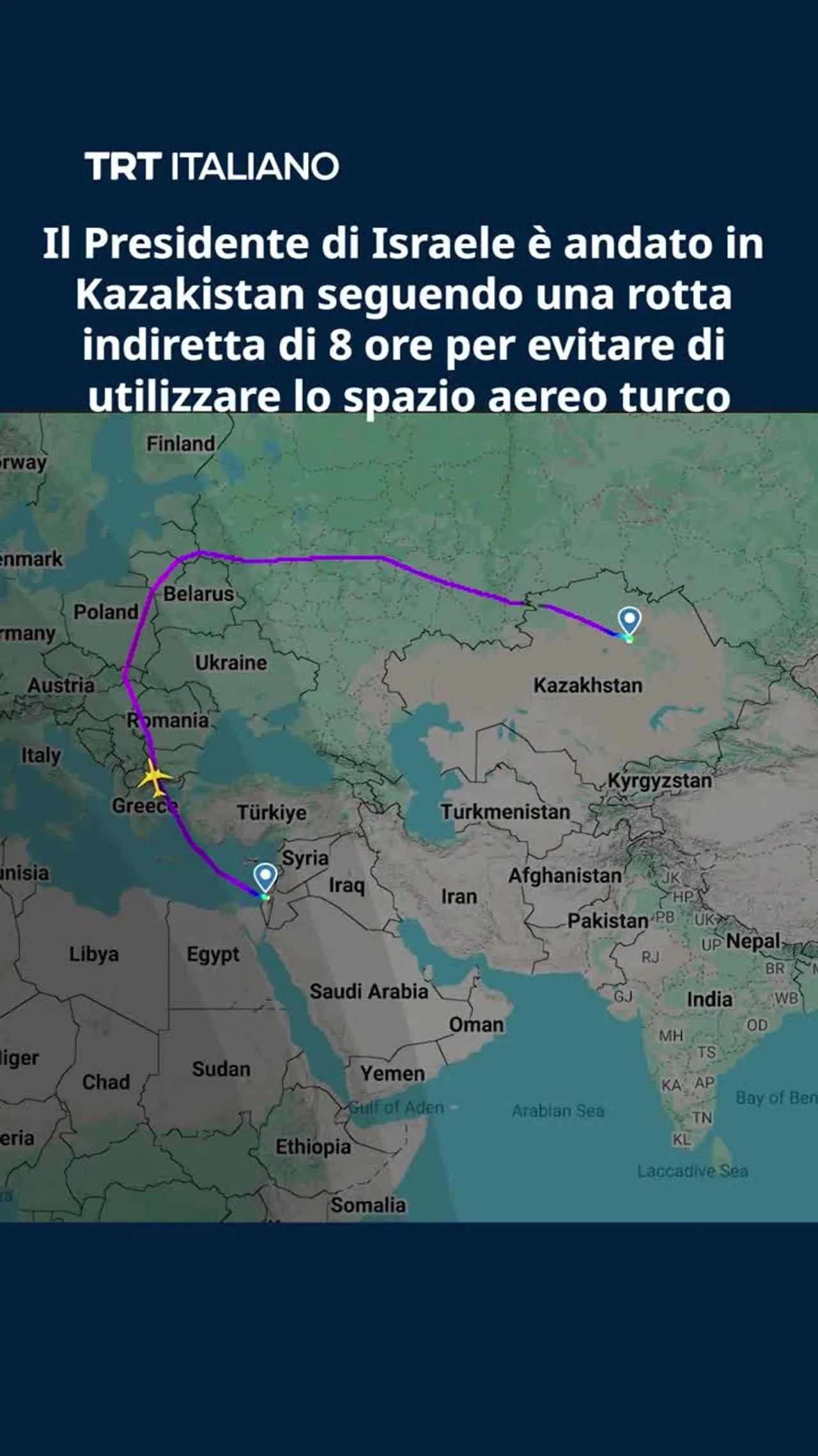 Presidente di Israele evita lo spazio aereo turco con una rotta di 8 ore verso il Kazakistan