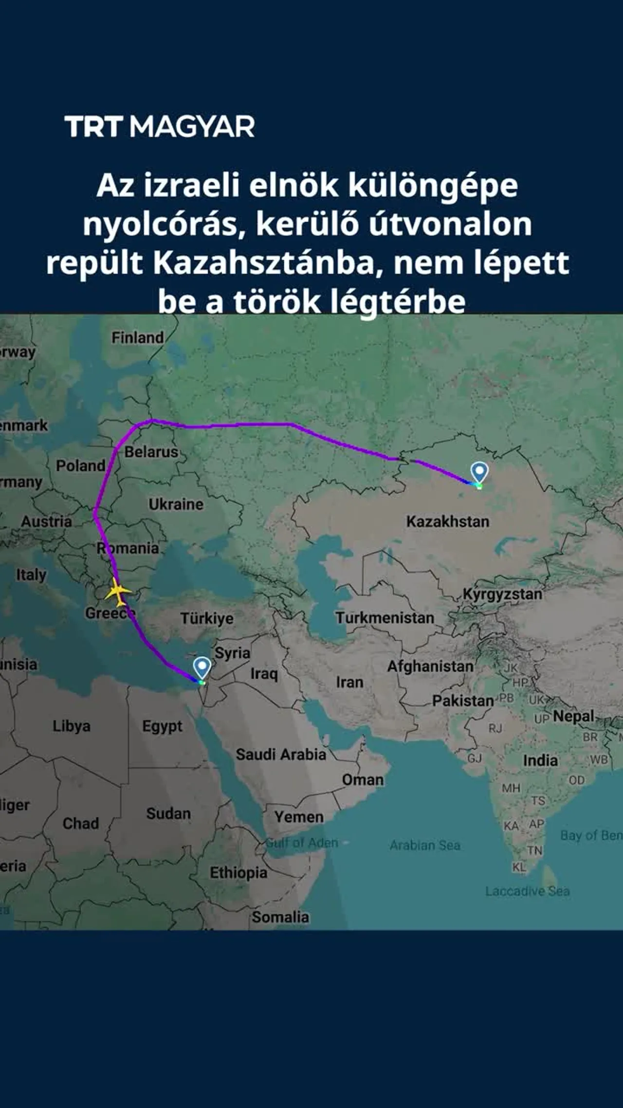 Az izraeli elnök különgépe nyolcórás, kerülő útvonalon repült Kazahsztánba