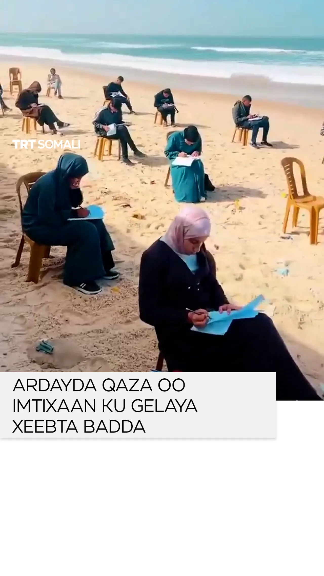 Ardayda Qaza oo imtixaan ku gelaya xeebta badda