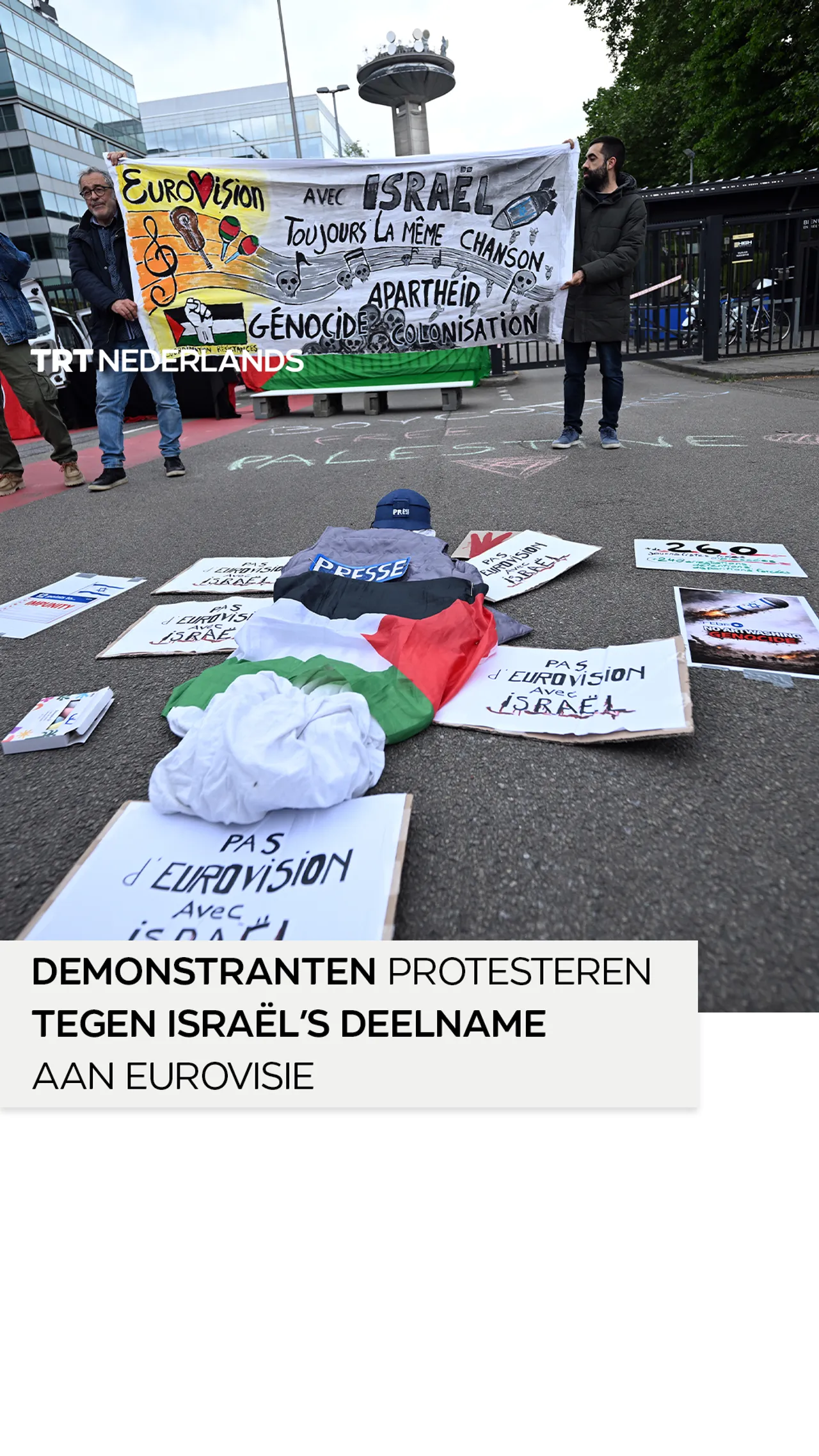 Demonstranten protesteren voor hoofdkantoor van RTBF tegen Israël’s deelname aan Eurovisie