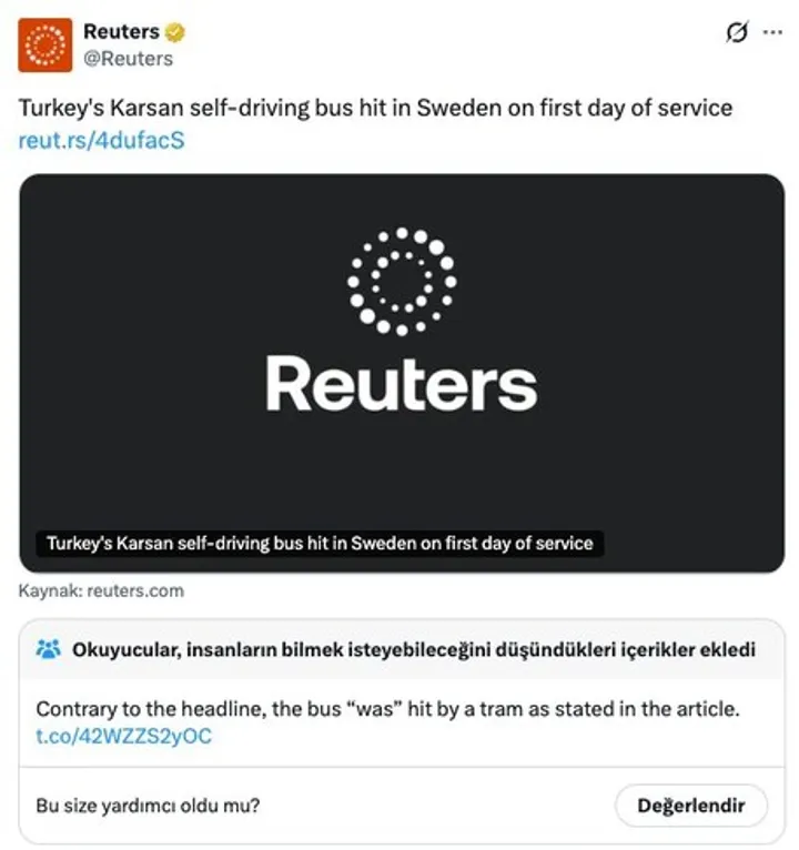 Reuters se suočava s kritikama zbog naslova o sudaru turskog autonomnog autobusa