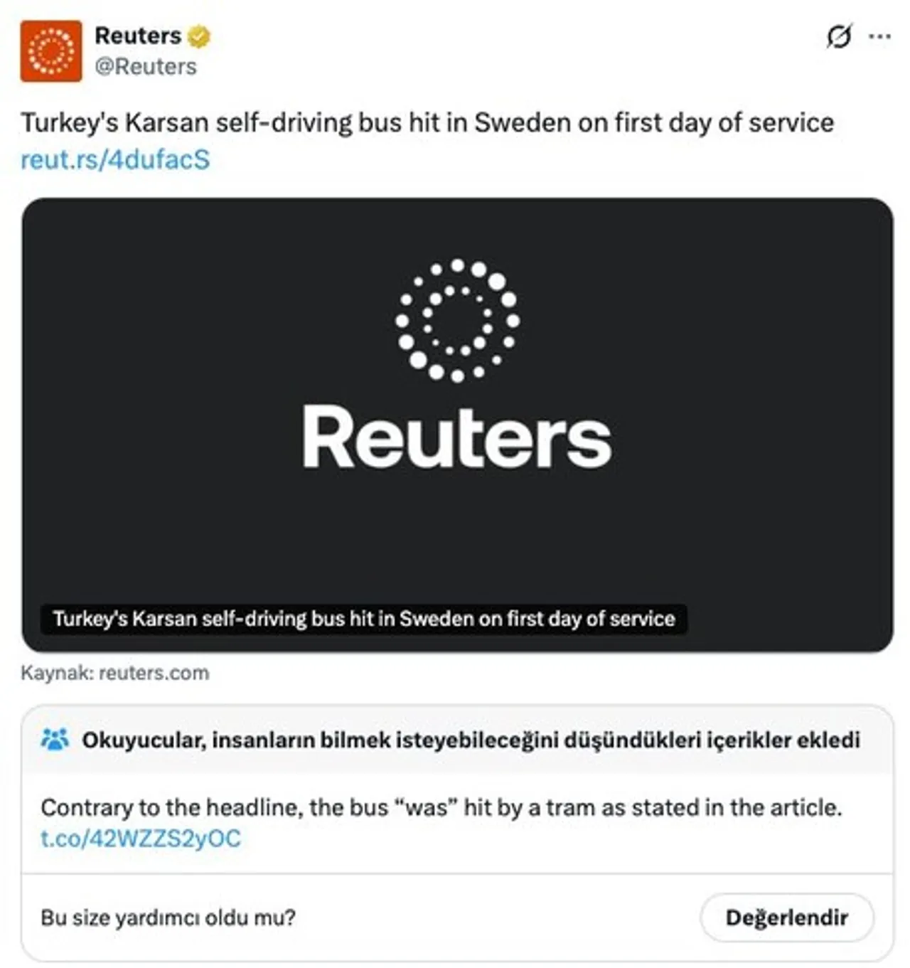 Reuters se suočava s kritikama zbog naslova o sudaru turskog autonomnog autobusa