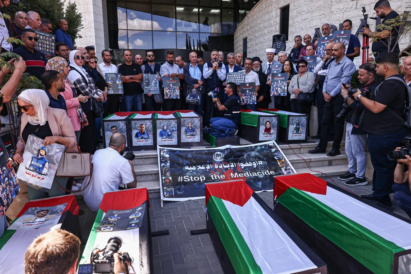 Palestinian journalists march with 'coffins' to mark two years of Israel's Gaza genocide