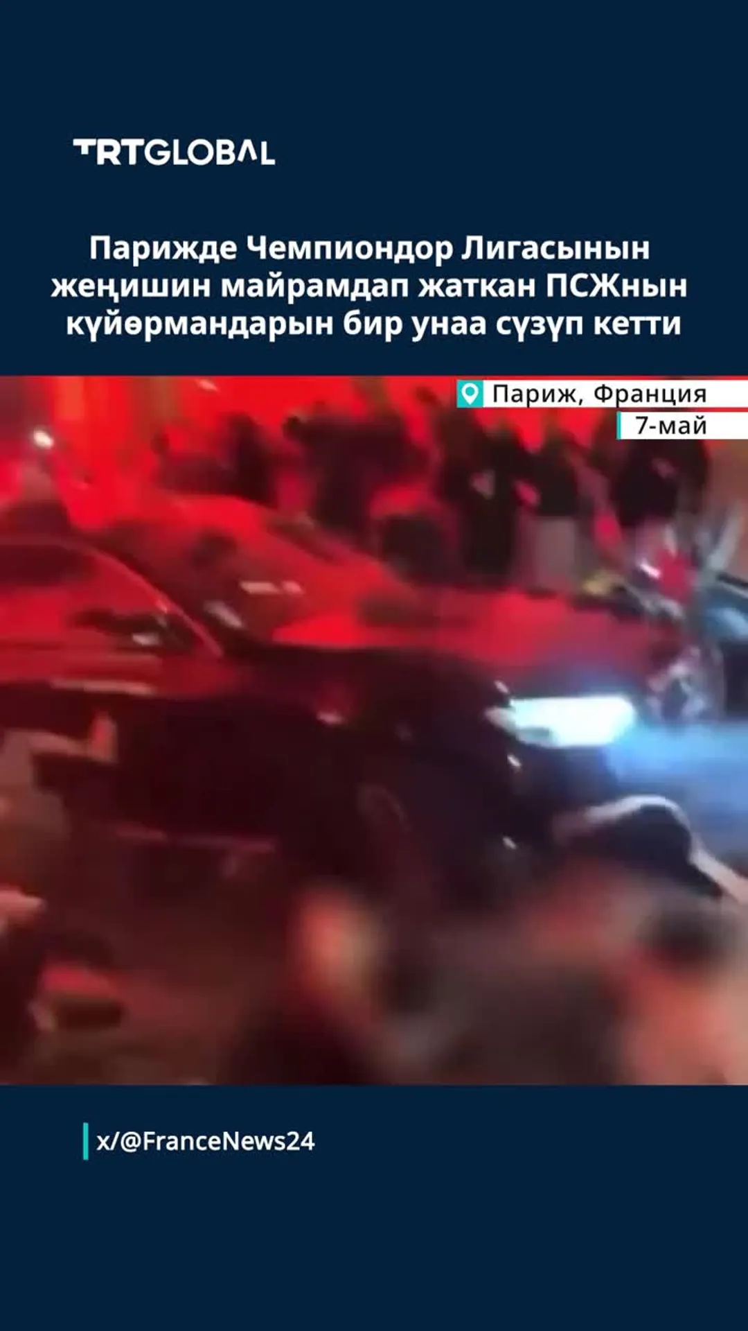 Парижде Чемпиондор Лигасындагы жеңишин майрамдап жаткан ПСЖнын күйөрмандарын бир унаа сүзүп кетти