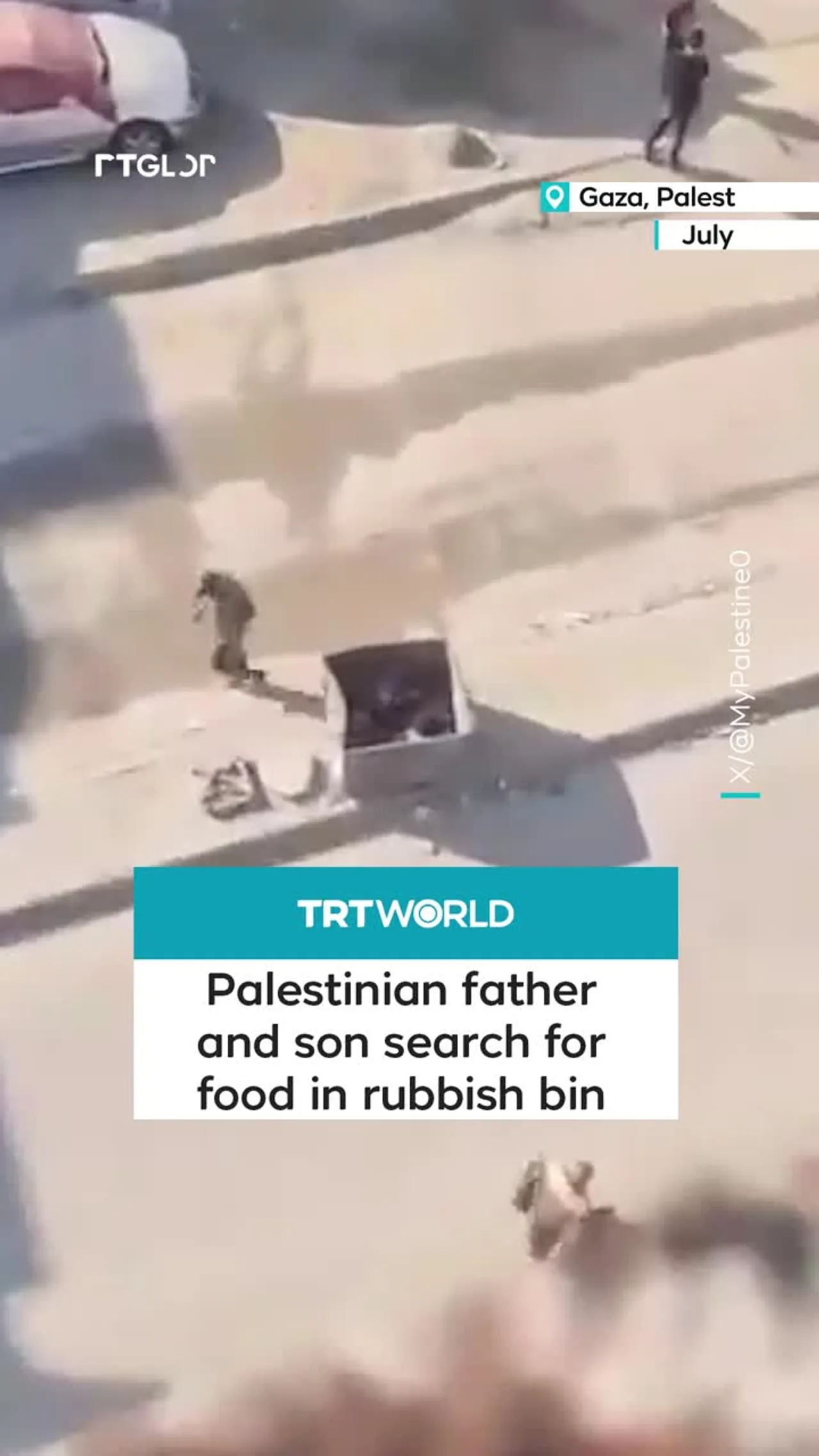 Palestinian father and son search for food in rubbish bin