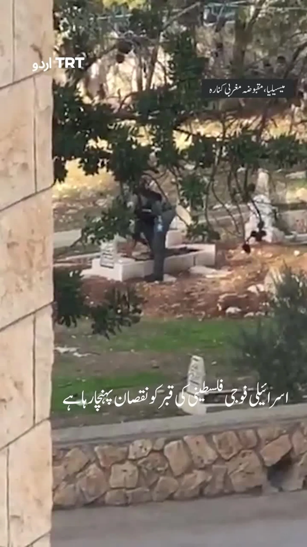 اسرائیلی فوجی فلسطینی کی قبر کی بے حرمتی کر رہا ہے