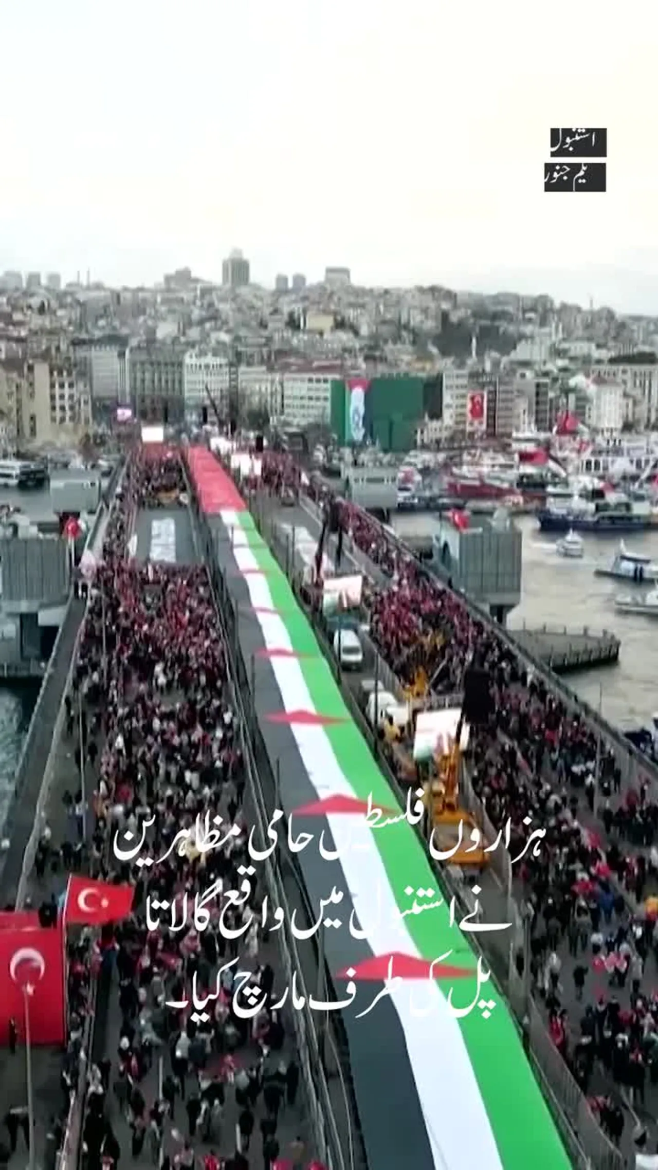 استنبول کے گالاتا پُل پر فلسطین کی حمایت میں ایک بڑی ریلی کا اہتمام