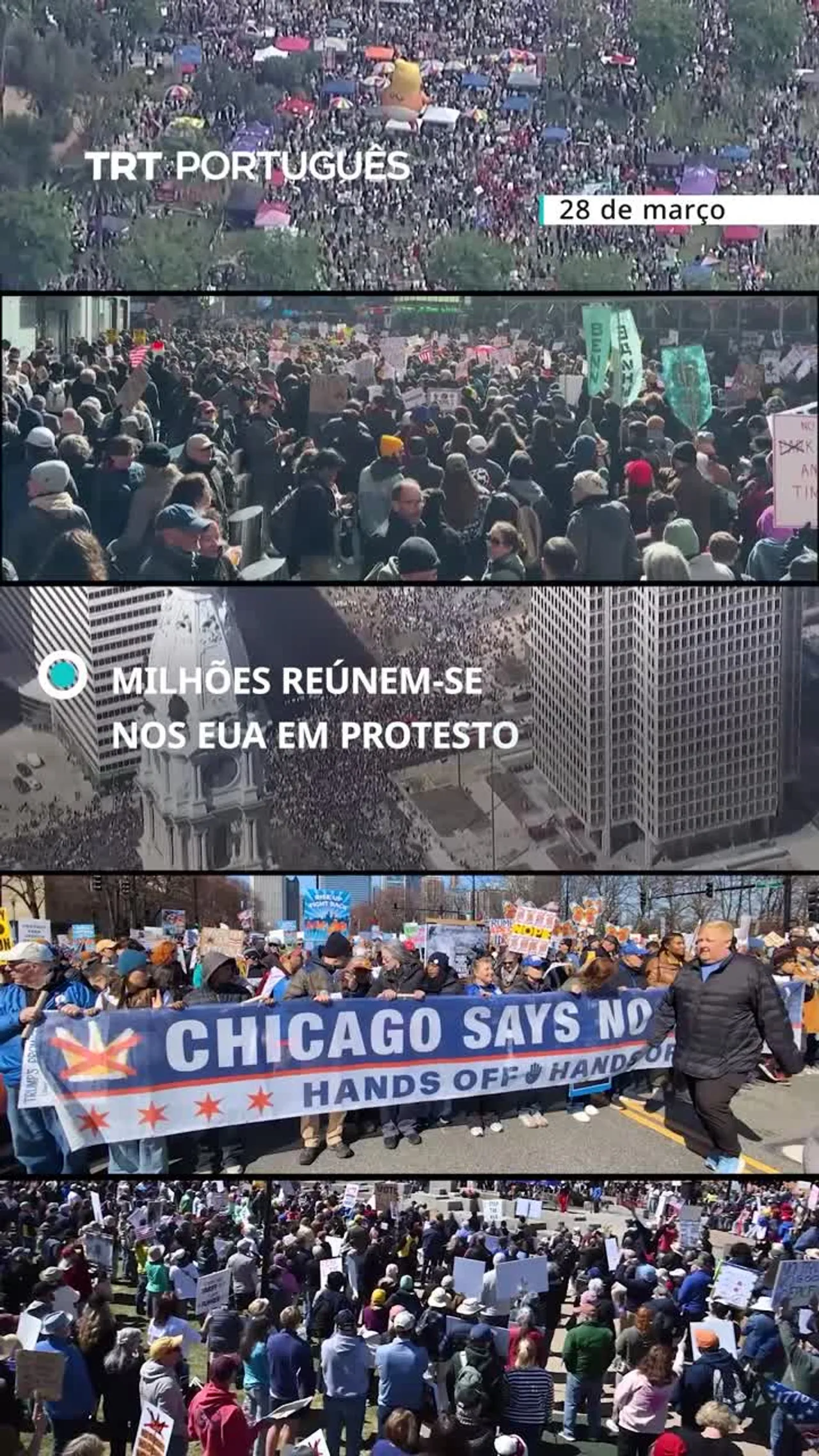 Milhões de pessoas manifestam-se nos EUA contra Presidente Trump, protestando sob o lema “No Kings”