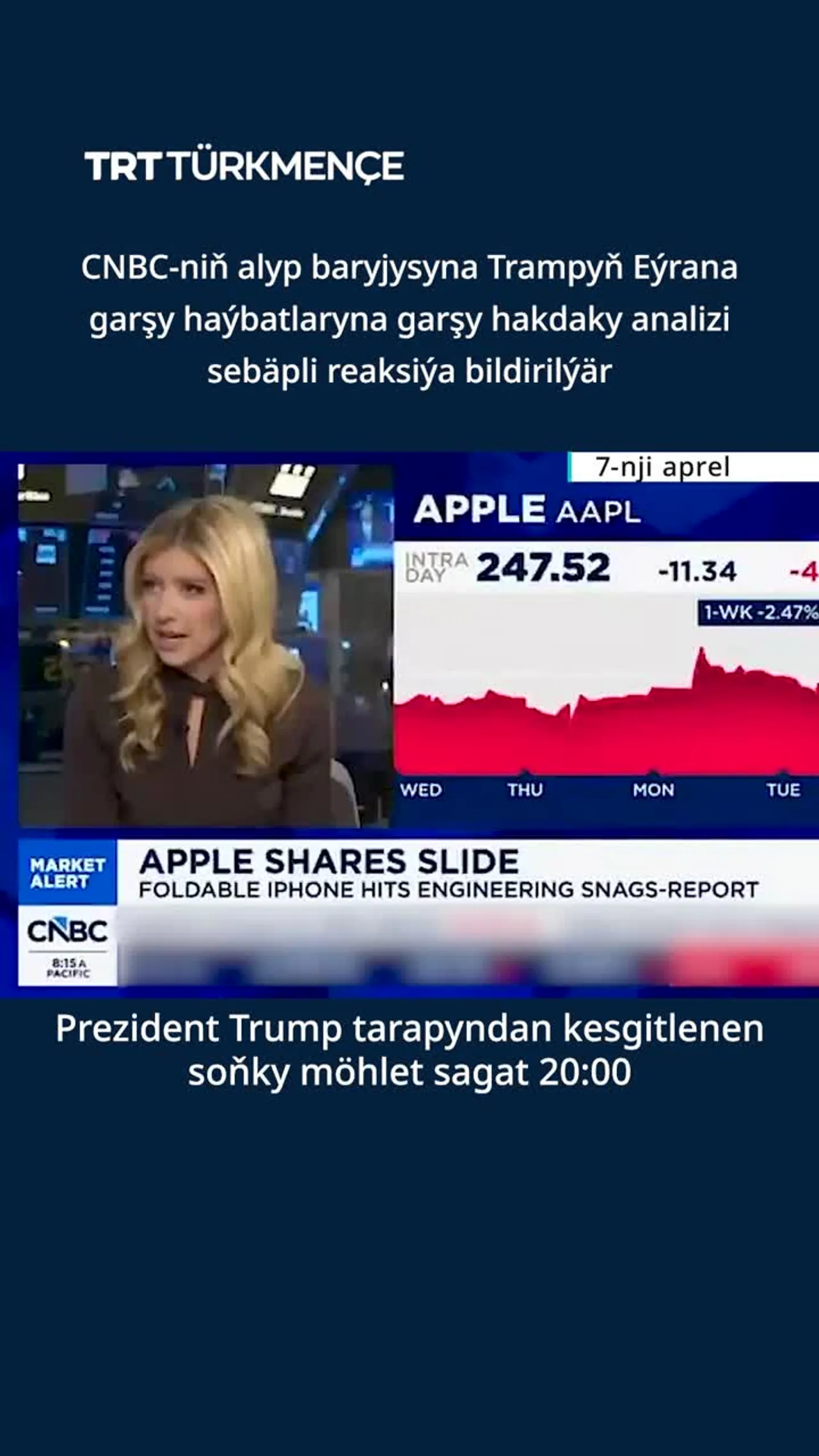 CNBC-niň işgärine Trampyň Eýrana garşy haýbatlaryna garşy analizi sebäpli reaksiýa bildirilýär