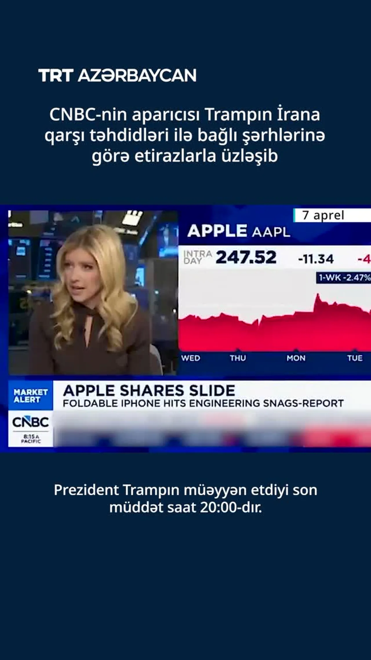 CNBC-nin aparıcısı Trampın İrana qarşı təhdidləri ilə bağlı şərhlərinə görə etirazlarla üzləşib