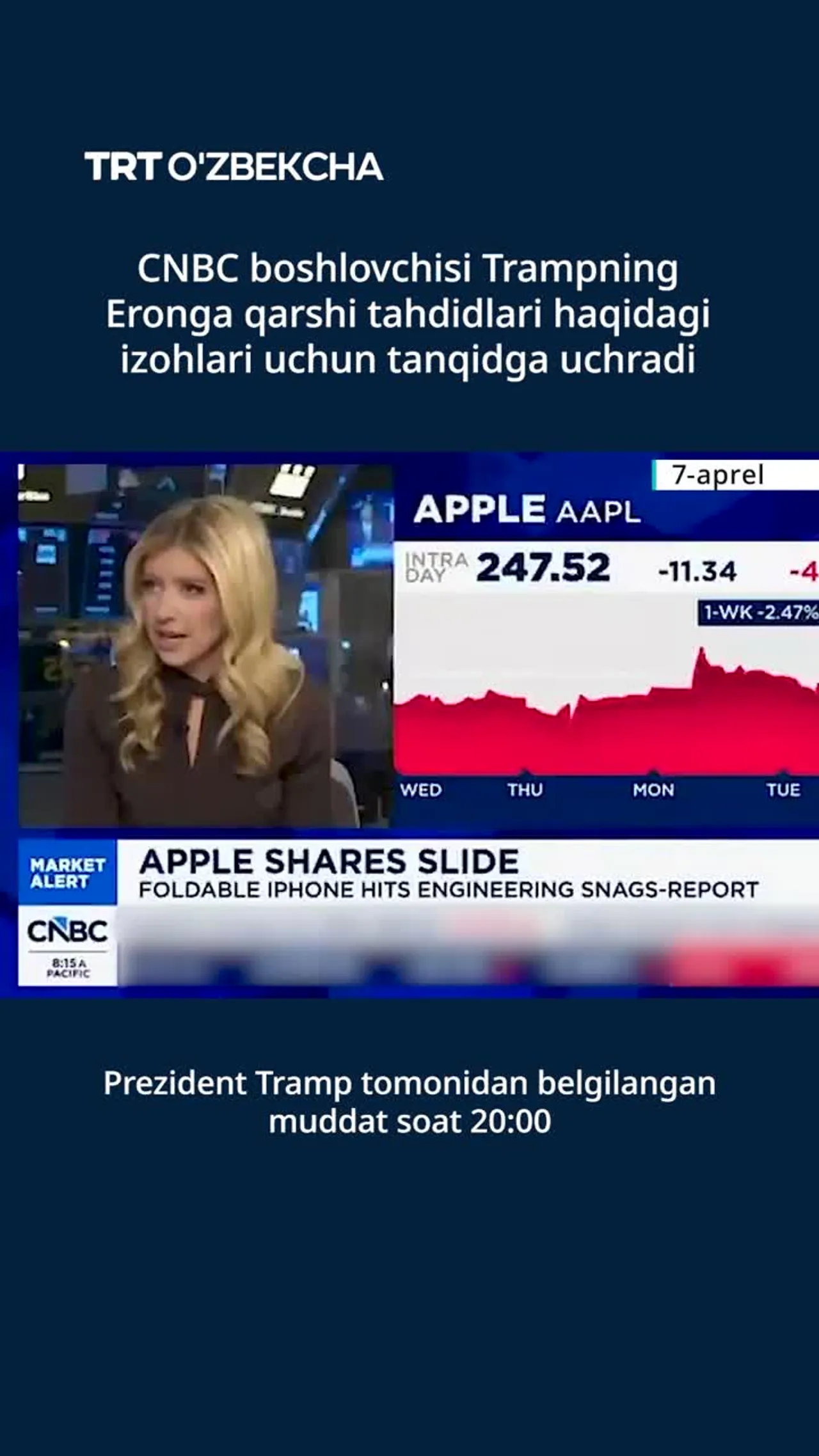 CNBC boshlovchisi Tramp haqidagi izohi uchun tanqidga uchradi