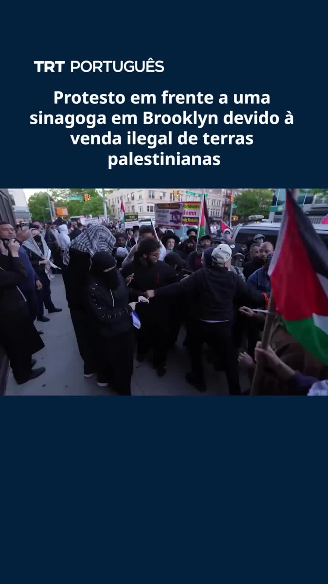 Protesto em frente a uma sinagoga em Brooklyn devido à venda ilegal de terras palestinianas