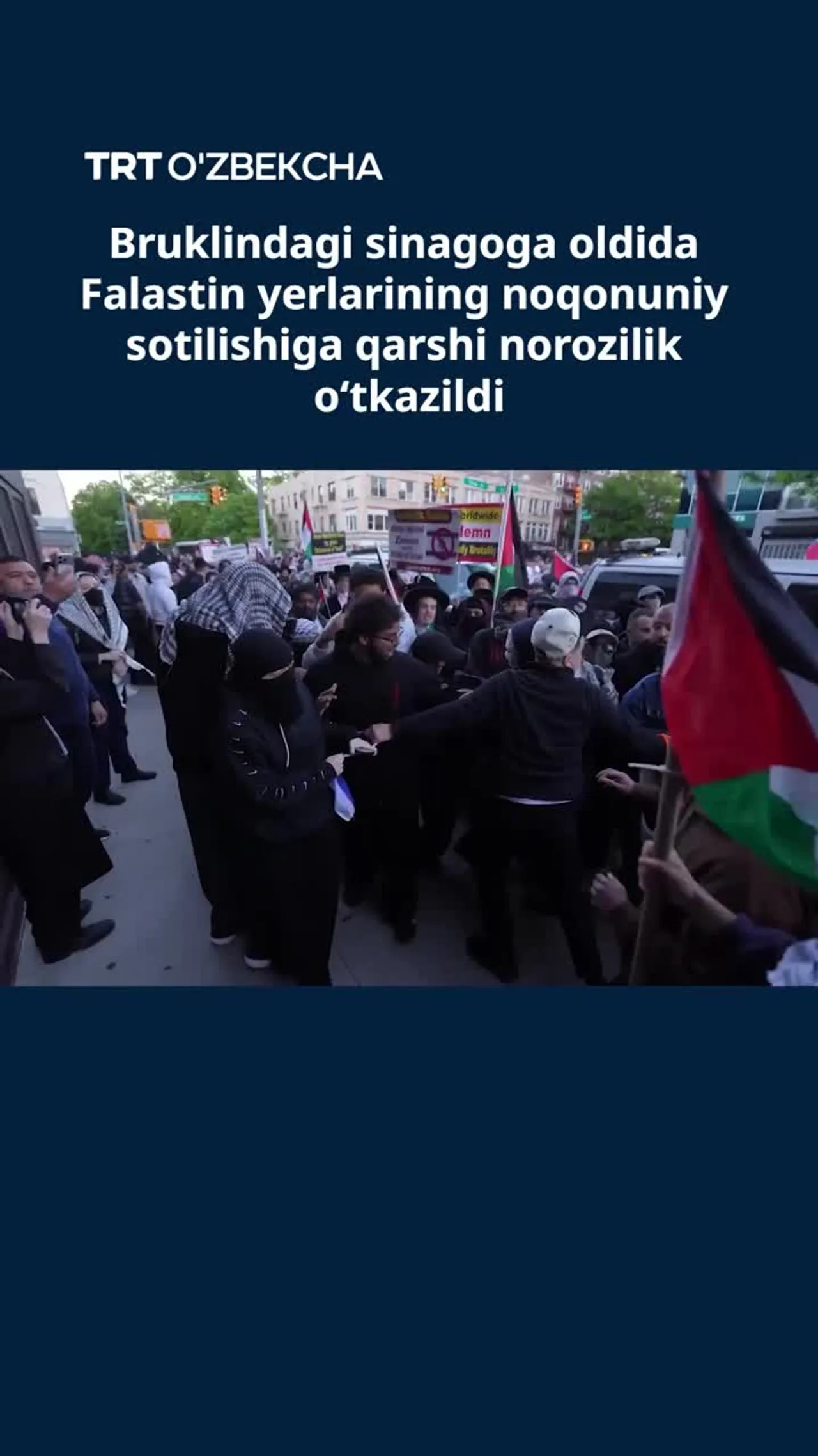 Bruklindagi sinagoga oldida Falastin yerlarining noqonuniy sotilishiga qarshi norozilik o‘tkazildi